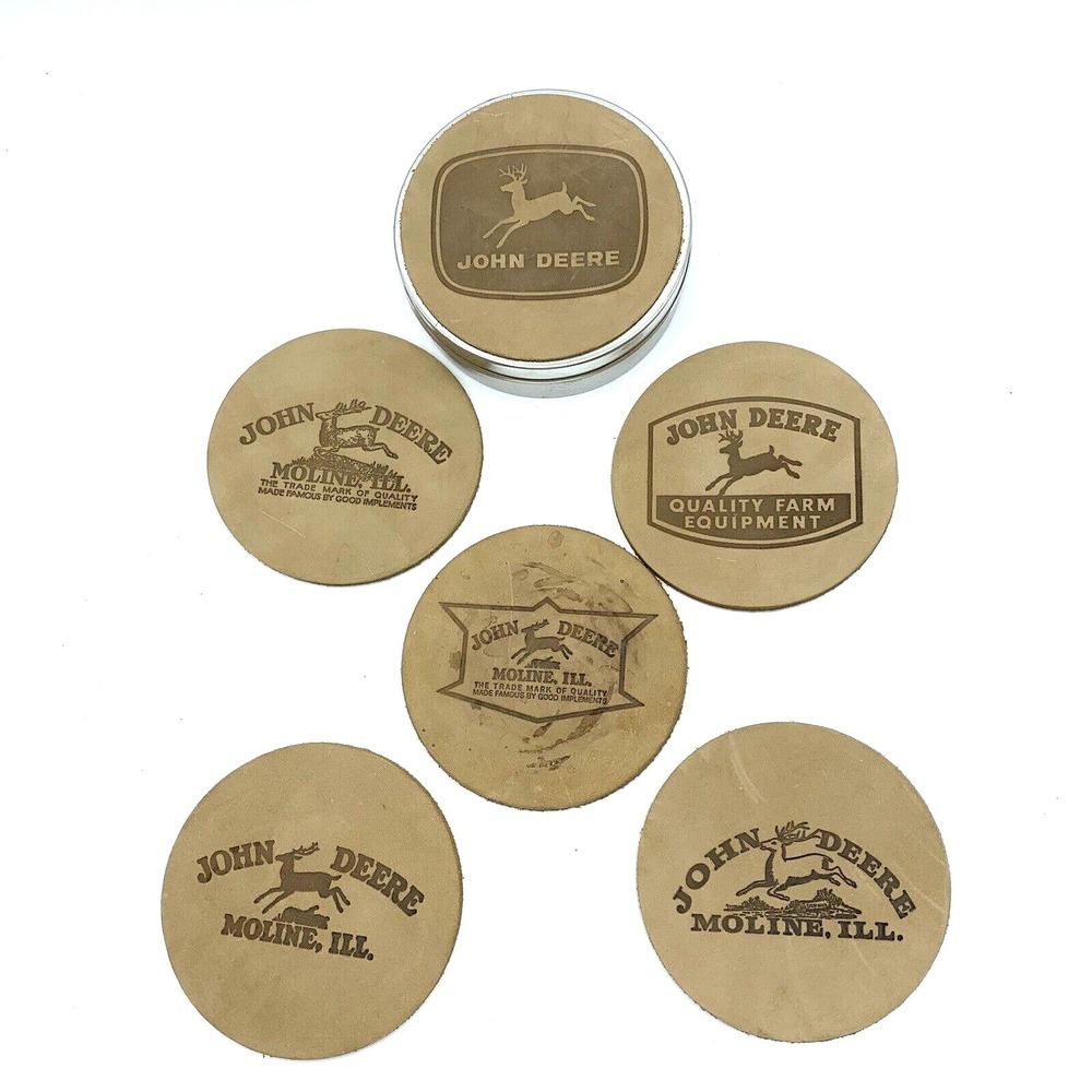 Vintage John Deere Leather Coasters with Different Logos In Tin Box Table Decor